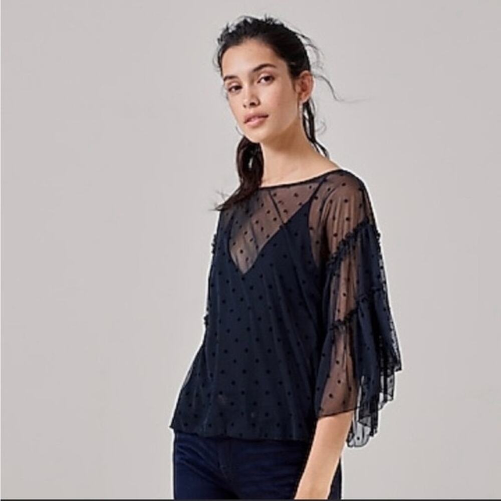 EXPRESS Medium Black Sheer Velvet Polkadot Flutter Sleeve Blouse